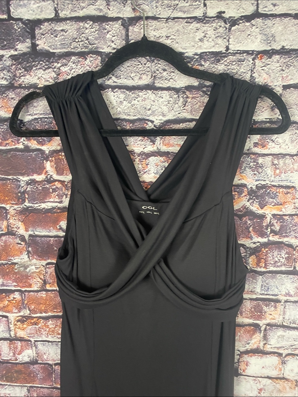 OGL Move Black Draped Built in Bra  V-Neck Fitted Classic Maxi Dress Sz L - Picture 4 of 12